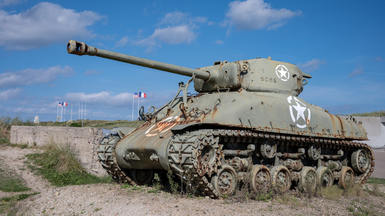 Detail front side view of an M4 Sherman M4A1(76)W HVSS medium tank with a T23 turret