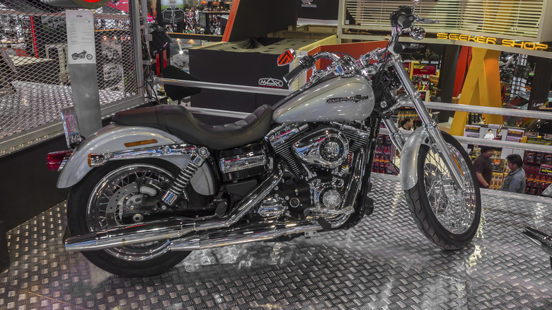 The Harley - Davidson DYNA Super Glide Custom motorcycle on display