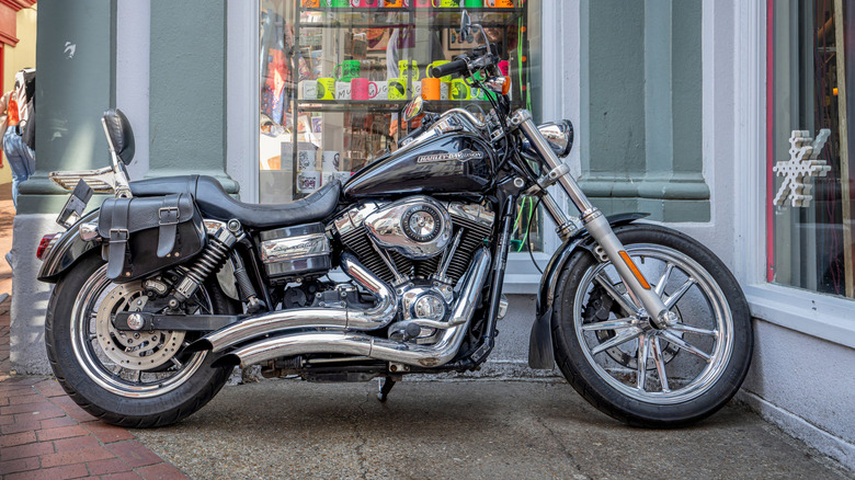 Close up of a classic Harley Davidson Dyna Super Glide Custom motorbike