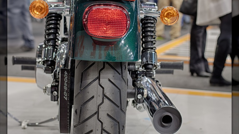 Rear view of motorcycle Harley Davidson Dyna Low Rider on International Fair for Motorcycles