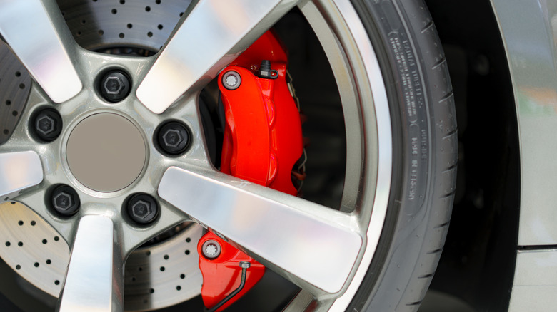 Close-up of wheel with low profile tire