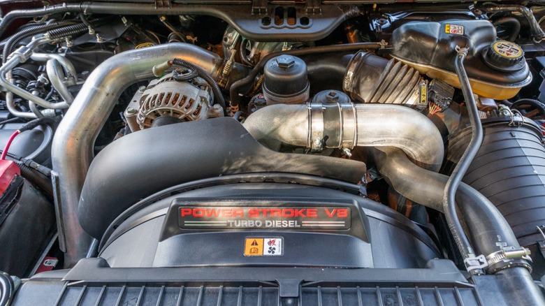 Under the hood of a Ford truck powered by a Power Stroke V8 Turbo Diesel.