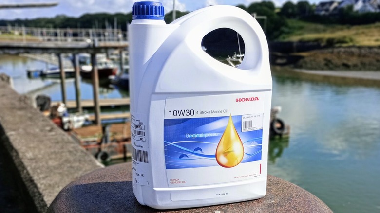 A bottle of Honda marine oil outside