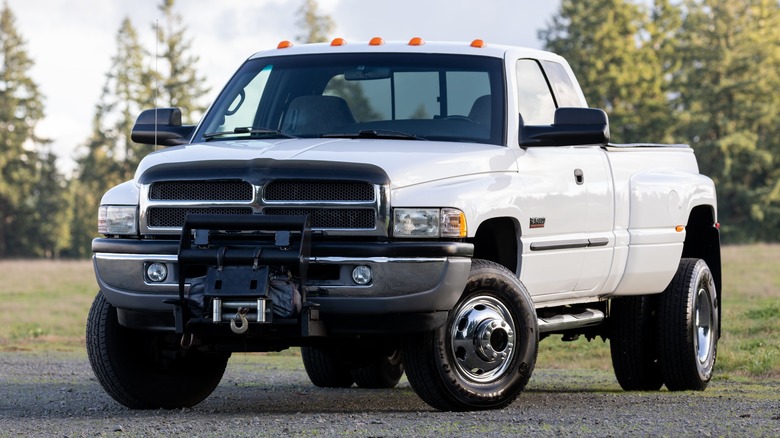White Dodge Ram 3500 Cummins diesel truck parked