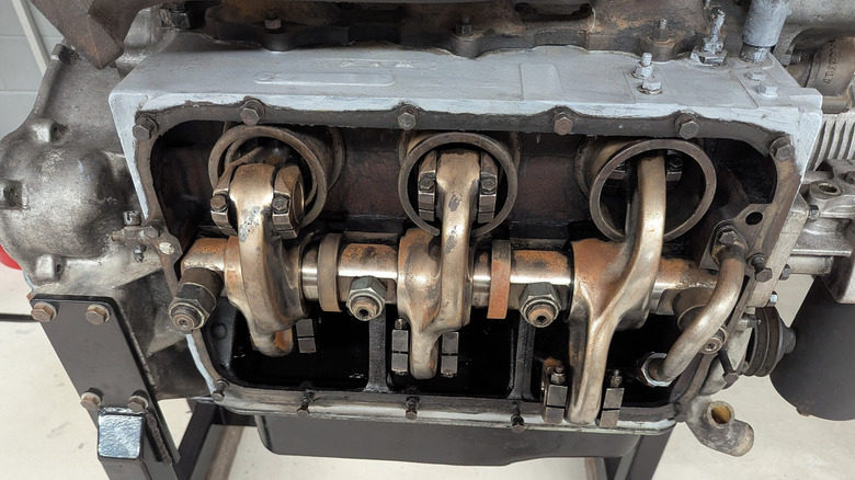 Close up view of the internals of a TS3 engine on a stand