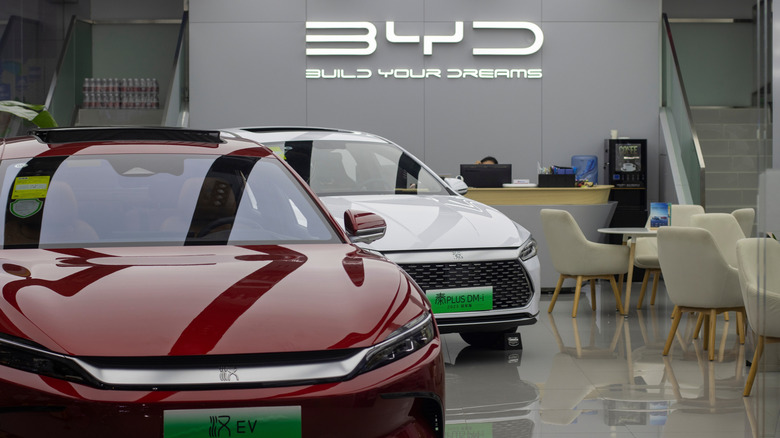Chinese BYD cars at a showroom in China