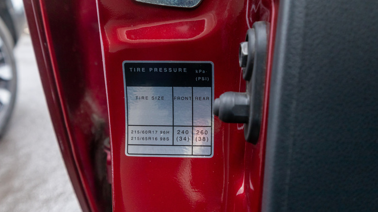Tire pressure sticker on a car