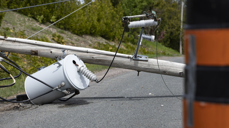 Downed utility pole and power line