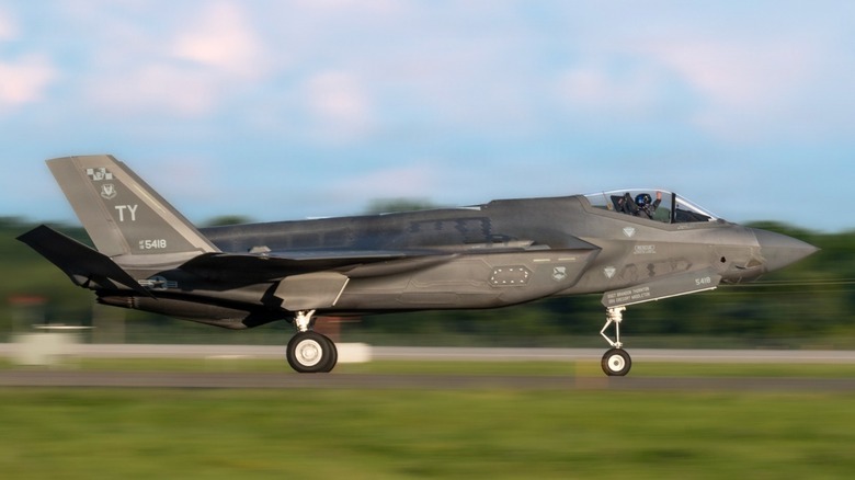 A U.S. Air Force F-35A Lightning II landing on a runway