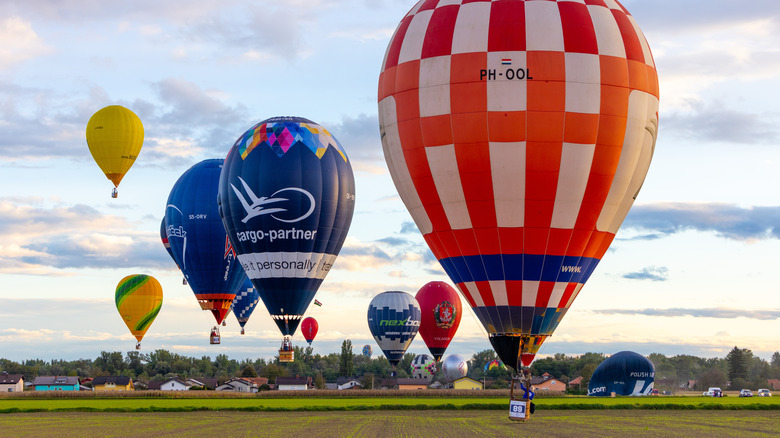 hot air balloons landing on flat ground