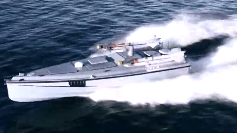 The Magura v7 naval drone with AIM-9M missiles on the water