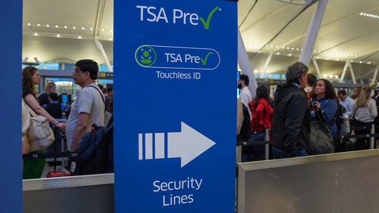 A long line at an airport TSA checkpoint.