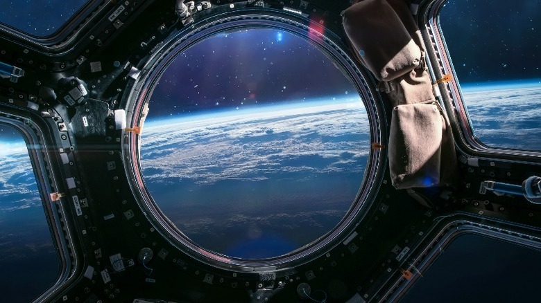 International space station on orbit of the Earth planet.