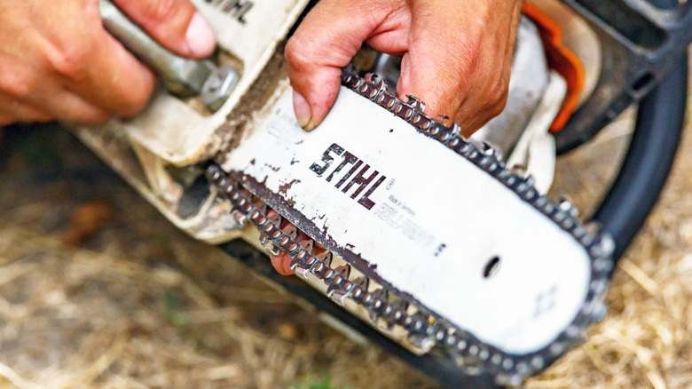 Close-up side view of a Stihl chainsaw