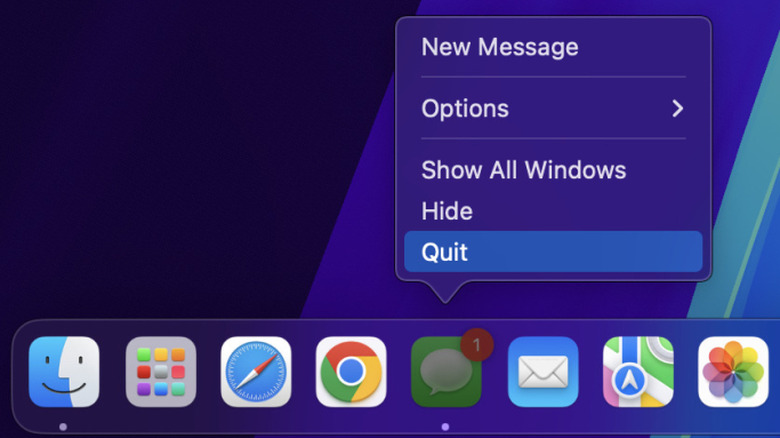 A screenshot of a user quitting the Messages app on a MacBook Air