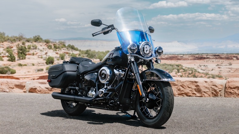 Harley-Davidson Heritage Classic parked on a desert road
