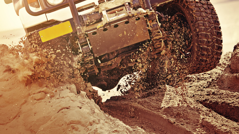 Tires of a truck driving off-road