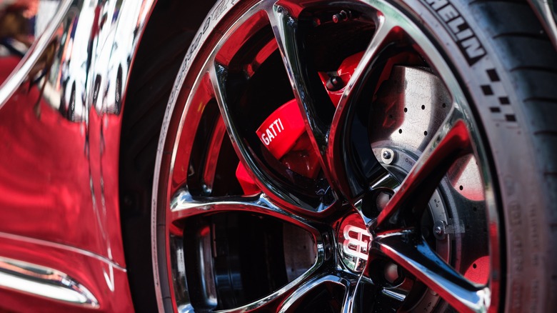 Closeup of Bugatti wheel and tire