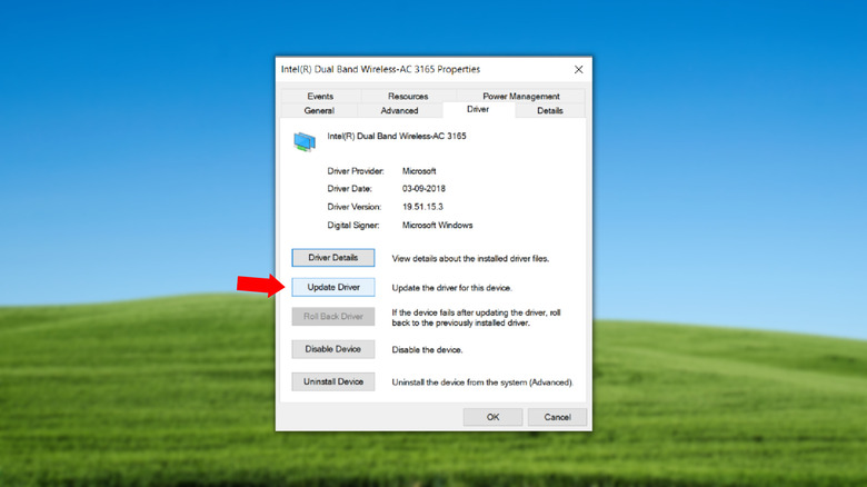 Option to update wireless driver on Windows 10 computer