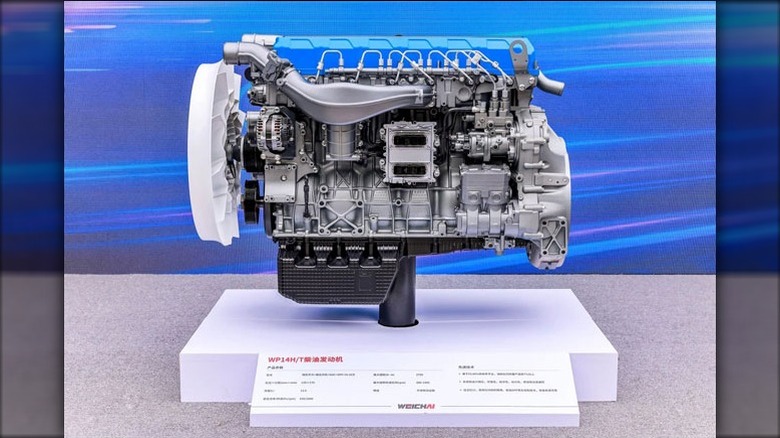 Weichai WP14 engine on a display stand