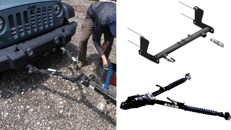 Split Image: Blue Ox Base Plate And Tow Bar Product Images And Image Of Setup On A Wrangler