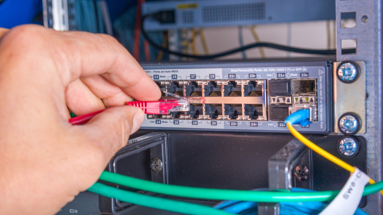 A closeup of a person connecting network cable into switch