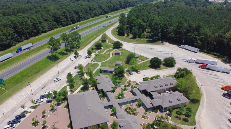 Large overhead image of highway rest area