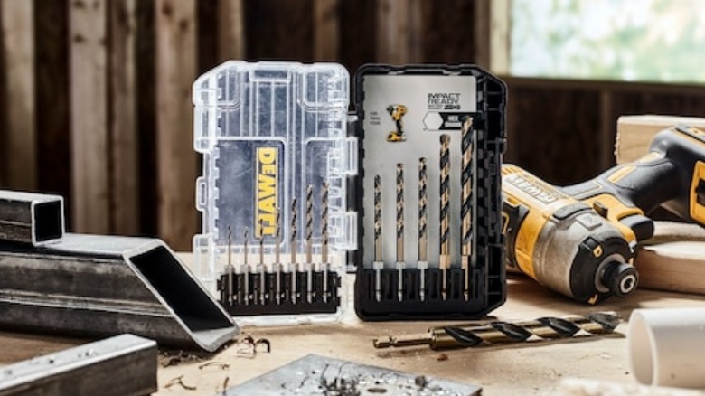 DeWalt drill bit set on work bench