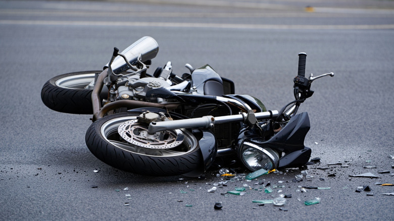 Motorcycle on its side after a crash