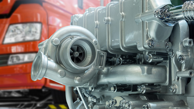 Close-up of diesel engine turbocharger