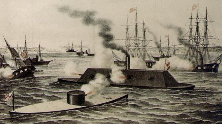 "The First Battle of Iron Ships of War," a lithograph by Henry Bill.