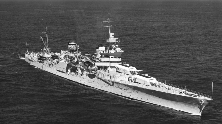 black and white image of USS Indianapolis American cruiser in open water