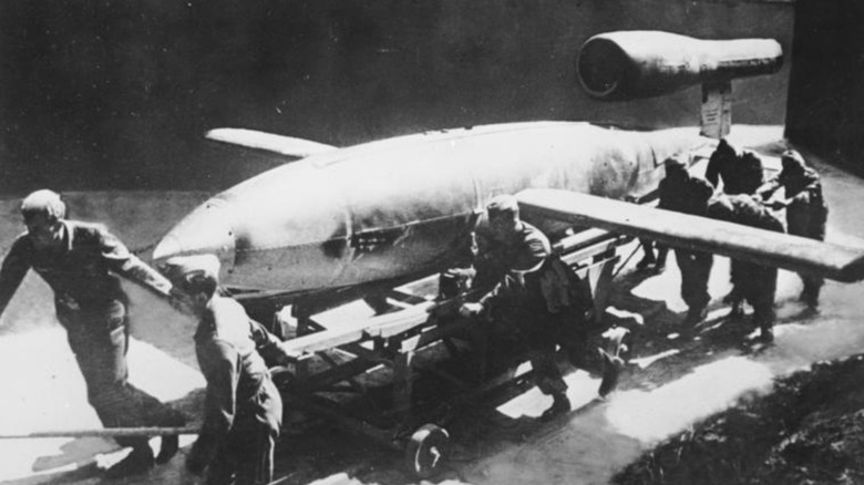 A German crew rolls out a V-1 rocket during WWII