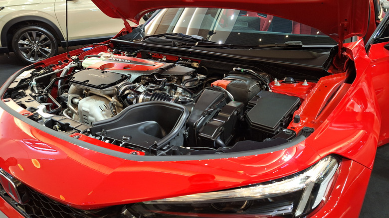 The engine bay of Honda Civic Type R FL5 showing the Honda VTEC engine