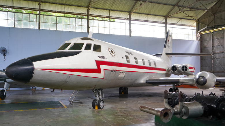 Lockheed JetStar inside a hangar