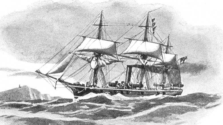 A black and white illustration of a steamship with sails