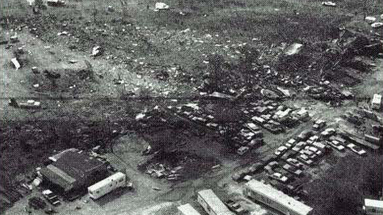 American Airlines Flight 191 crash site aerial view in black and white