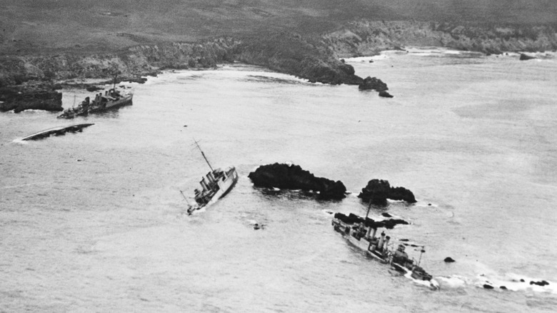 An aerial view of several of the wrecked destroyers at Honda Point.