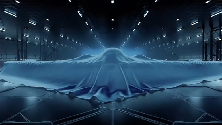 A 3D rendering of China's H-20 bomber under a sheet.
