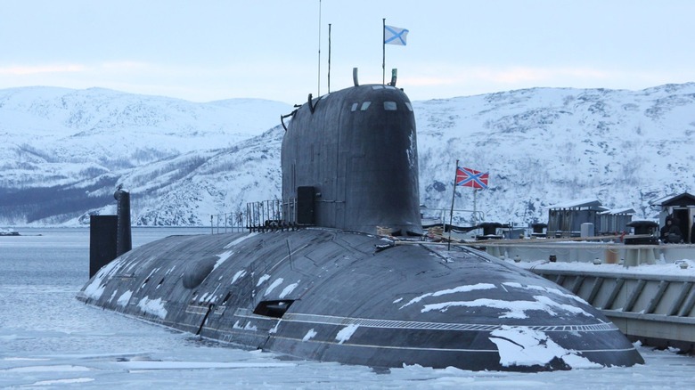 The K-560 Severodvinsk Y-class Nuclear Submarine at port in icy water in 2018.