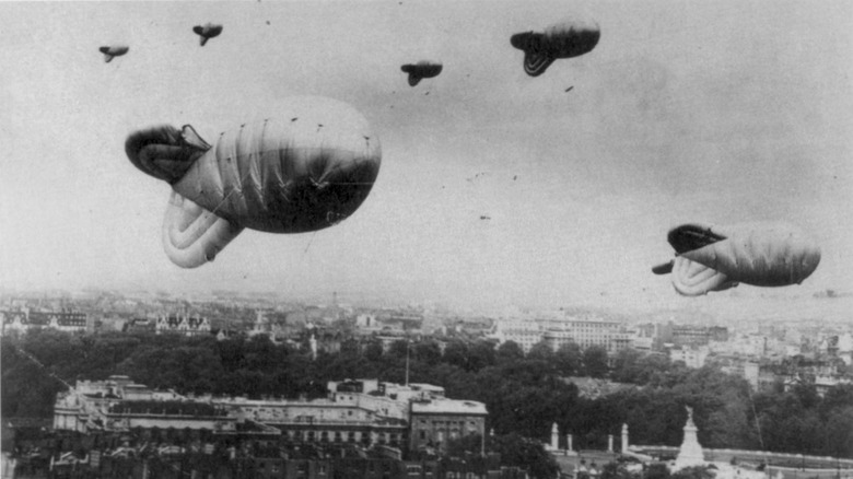 Barrage balloons flying over London during World War II