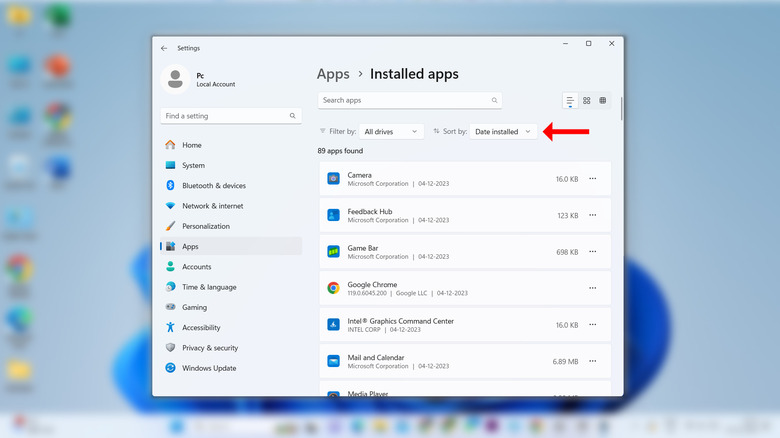 Screenshot of Installed Apps section highlighting the sort by date option