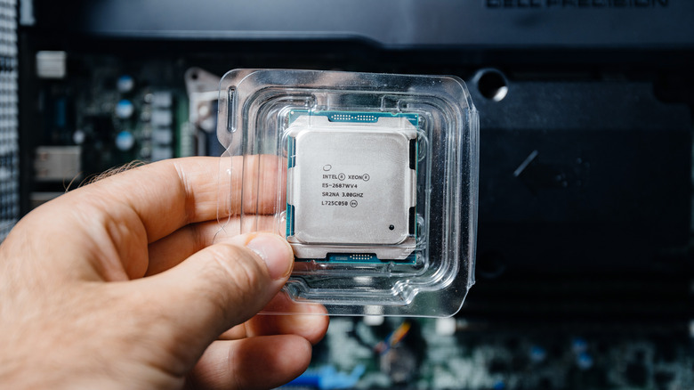 Picture of an Intel Xeon processor held in hand
