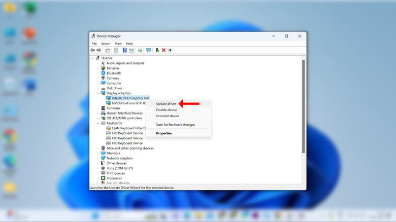 Screenshot of Windows' Device Manager highlighting the option to update graphics driver