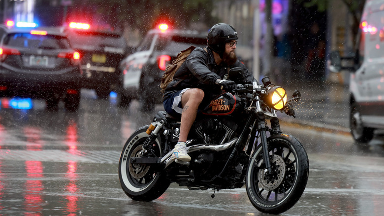 man on Harley in rain