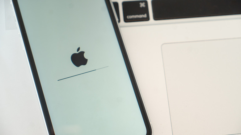 iPhone displaying iOS installation progress bar on white screen