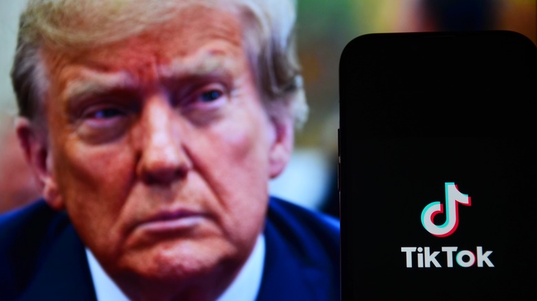 TikTok logo on a phone with U.S. President Donald Trump in the background