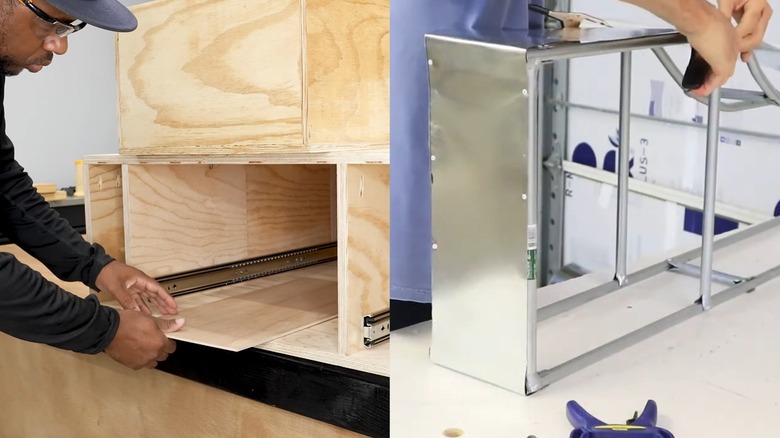 Split Image: A Man Building A Wood Tool Box And A Man Building A Metal Tool Box