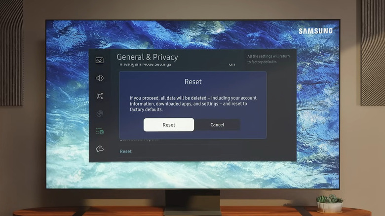 Samsung TV in living room showing Reset option