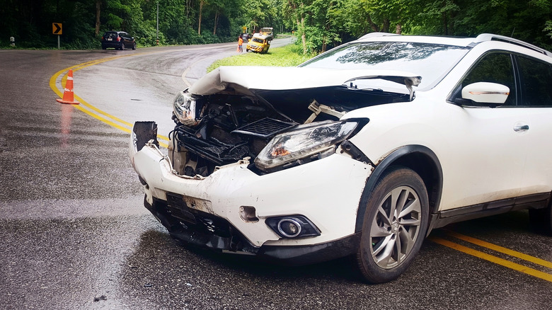 Car severely damaged in head-on collision